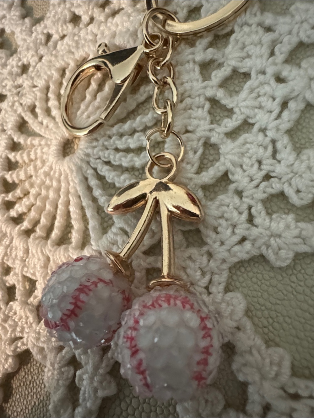 Baseball Gold Cherry Keychain with White & Pink Beaded Charms - Picture 4 of 4